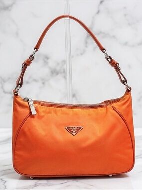 PRADA Vintage Arancio Orange Tessuto Nylon & Leather Hobo Bag Baguette